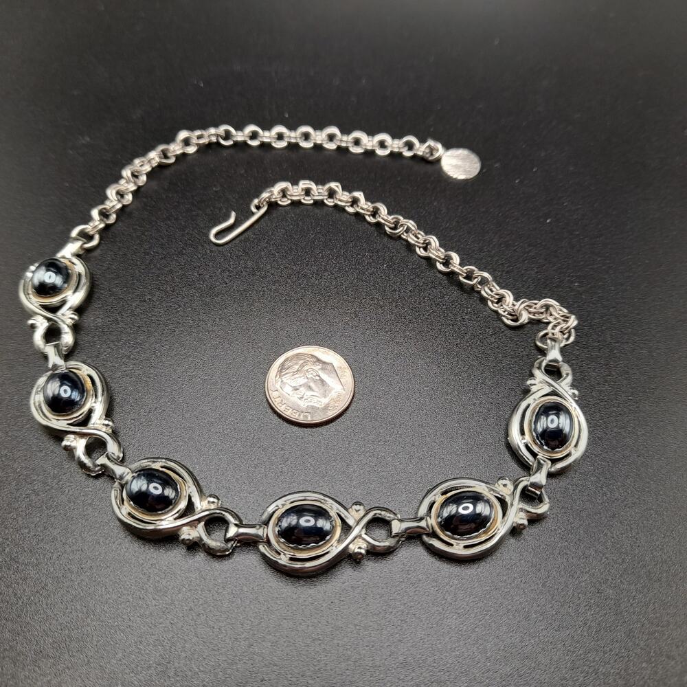 Vintage 1960s Faux Hematite Cabochon Necklace, 15 1/2", Silver Tone - Picture 7 of 10